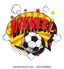 word winner and soccer ball in pop art style on white background