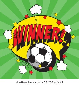 word winner and soccer ball in retro comic style on colorful background with radial lines