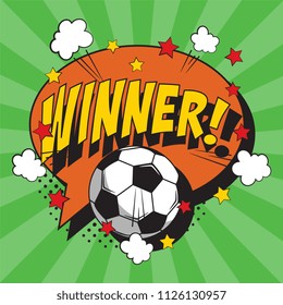 word winner and soccer ball in retro comic style on colorful background with radial lines