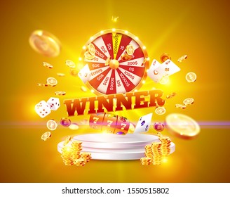 The word Winner, surrounded by a luminous frame and attributes of gambling, on the podium, on a explosion coins background. The new, best design of the luck banner, for gambling, casino