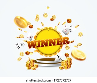 The word Winner, surrounded by a luminous frame and attributes of gambling, on the podium, on a explosion coins, on background. The new, best design of the luck banner, for gambling, casino