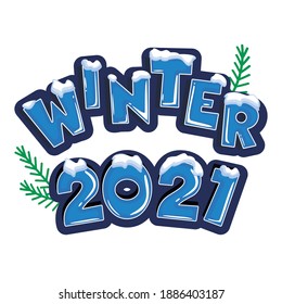 The word winter 2021 covered with layers of snow ice, on the text with snowflakes behind. Stock vector. Text in cartoon style.
