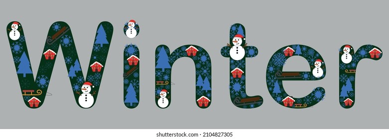 The word Winter made of different elements. Winter composition of objects: a snowman, a house, a sled, snowflakes, a Christmas tree. Vector on a separate background.