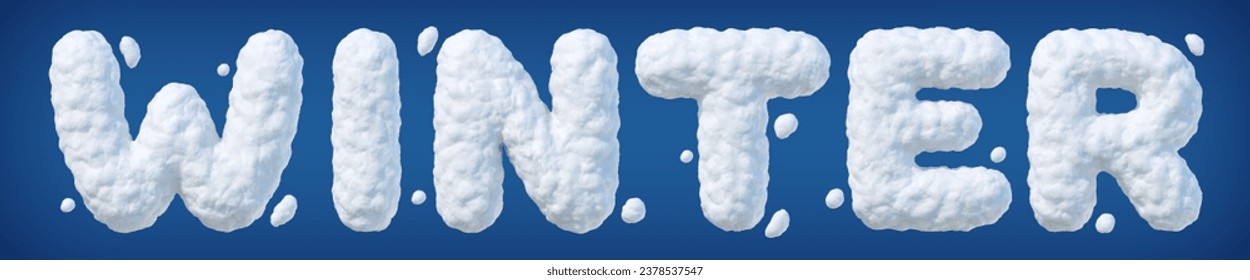 Word WINTER made of snow isolated on blue background. Winter snow 3d letters for New Year celebration, greeting card, postcard, poster, banner. Vector illustration