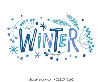 Signo de Invierno de Word. Ilustración vectorial. Letras dibujadas a mano con elementos vegetales. Esbozo de invierno azul de diseño estacional sobre fondo blanco. Plantilla de diseño para tarjeta de bienvenida de invierno, afiche, invitación.