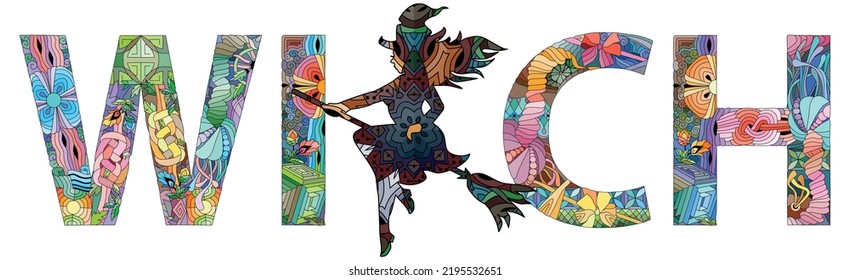 RETIRO de palabra con silueta de bruja. Objeto de zentángulo decorativo vectorial