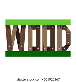 The word Wood is made from stylized wooden letters flat style. Vector illustration isolated on white background.