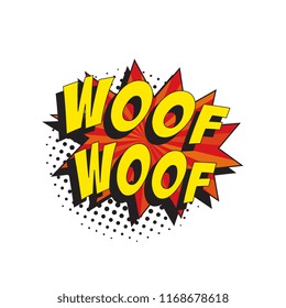 word woof woof in retro comic speech bubble with halftone dotted shadow