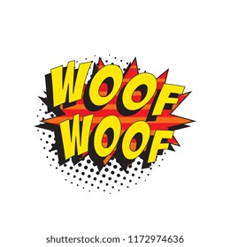 word woof woof in retro comic speech bubble with halftone dotted shadow