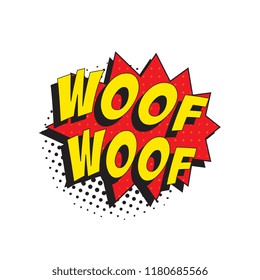 word woof woof in retro comic speech bubble with halftone dotted shadow