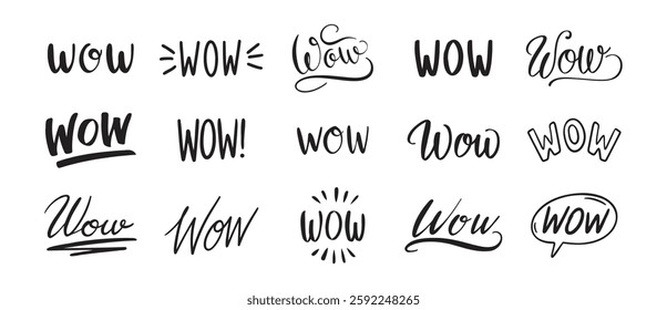 word WOW hand drawn lettering phrase or quote set. wow modern freehand style isolated on white background for print clipart. Vector illustration