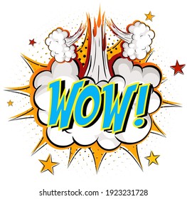 Word Wow sobre ilustración de fondo de explosión en nube cómica