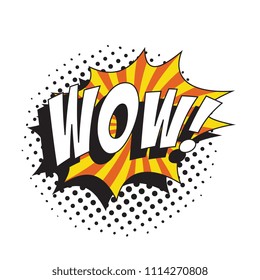 word wow in retro comic speech bubble with halftone dotted shadow