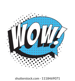 word wow in retro comic speech bubble with halftone dotted shadow