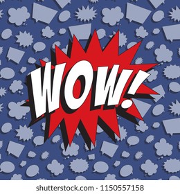 word wow! in retro comic speech bubble on colorful background with different speech bubbles