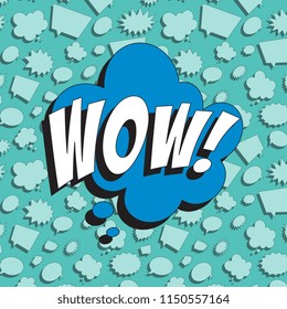 word wow! in retro comic speech bubble on colorful background with different speech bubbles