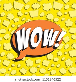 word wow! in retro comic speech bubble on colorful background with different speech bubbles