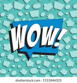 word wow! in retro comic speech bubble on colorful background with different speech bubbles