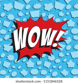 word wow! in retro comic speech bubble on colorful background with different speech bubbles