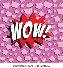 word wow! in retro comic speech bubble on colorful background with different speech bubbles