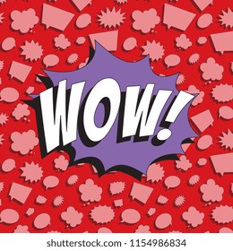 word wow! in retro comic speech bubble on colorful background with different speech bubbles