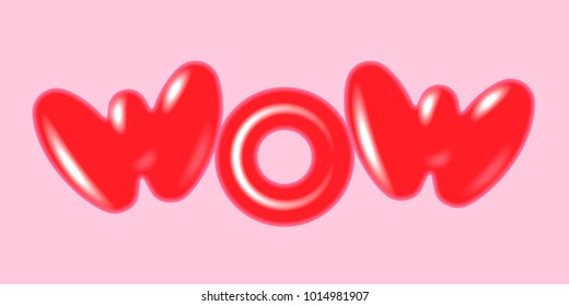 The word WOW for web banners, header, shop. Red letters on pink background. Vector illustration in 3d style.