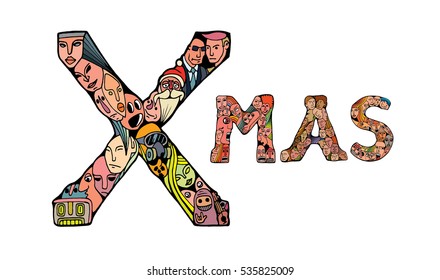 The word "X-mas" written in isolated hand drawn letters type on a white background. People crowd alphabet vector font. Vector illustration in cartoon style