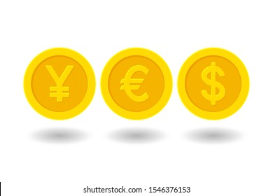 Word YES made of golden coins currency symbols with shadow. Yen, Euro, Dollar. Vector illustration 