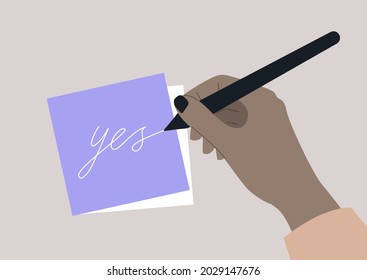 A word Yes written on a piece of paper, a graphic template