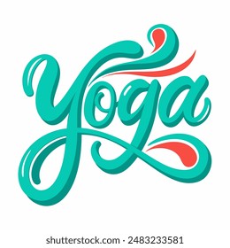 The word yoga is displayed in green and red colors against a white backdrop