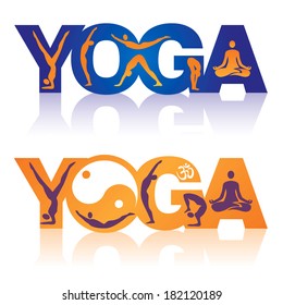 Word Yoga with Yoga positions icons Two colorful Words Yoga decorated with icons yoga theme. Vector illustration. 