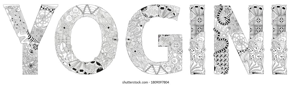 Word YOGINI. Vector zentangle object for coloring