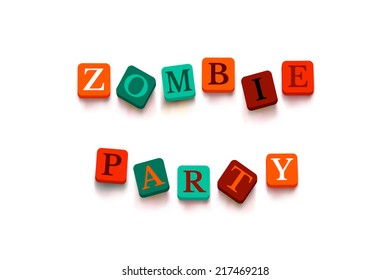 Word "zombie party" with colorful blocks isolated on a white background. Description with bright cubes. Vector illustration EPS 10.