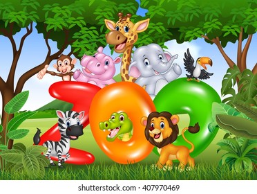 Word zoo with cartoon wild animal africa