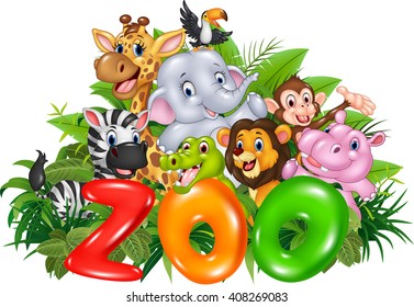 Word zoo with cartoon wild animal