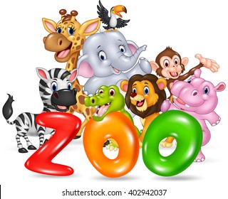 Word zoo with happy cartoon wild animal africa