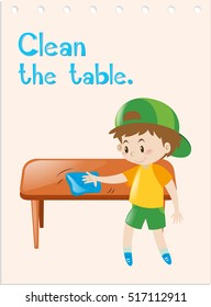 Wordcard with boy cleaning table illustration