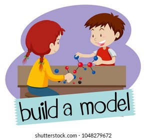 Wordcard for build a model with two students building models illustration