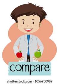 Wordcard for compare with boy holding apples illustration