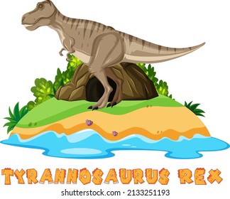 Wordcard design for  tyrannosaurus rex on island illustration