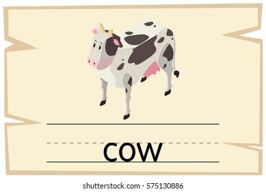 Wordcard design for word cow illustration