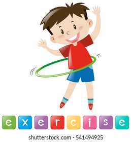 Wordcard für Sport mit Junge, der hulahoop-Illustration spielt