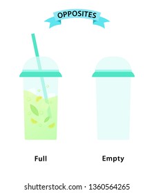Wordcard for full and empty antonyms and opposites. Illustration of a full glass and empty glass on white background. Card for teaching aid, for foreign language learning lessons. Vector illustration