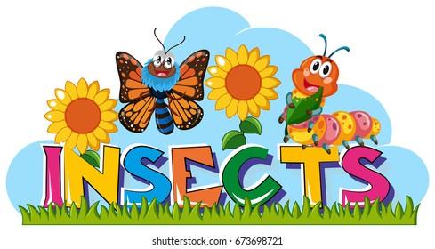 Wordcard for insects with butterfly and caterpillar illustration