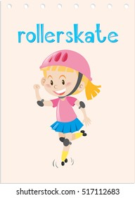 Wordcard with kid rollerskate illustration