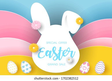 Wording of Easter day with group of Easter eggs and flowers on white giant silhouette bunny head shape and abstract pattern background. Easter day greeting card in paper cut out style.