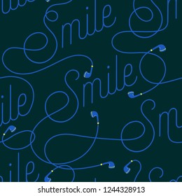 Wording of Smile create by modern earphone seamless pattern vector design for fabric,wallpaper,fashion ,and all prints on dark green background color