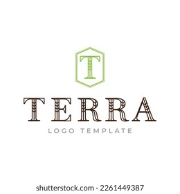 Wordmark TERRA in the line style. Logotype with wheat, rice organic grain products, and healthy food vector illustration.