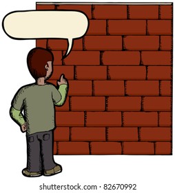 Wordplay illustration of person talking to a brick wall