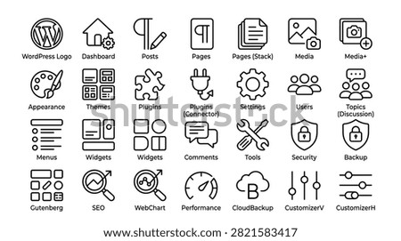 WordPress dashboard vector line icons representing website management features such as content creation, user management, and various tools, for modern web design and development projects, digital marketing materials, and cms-related illustrations.